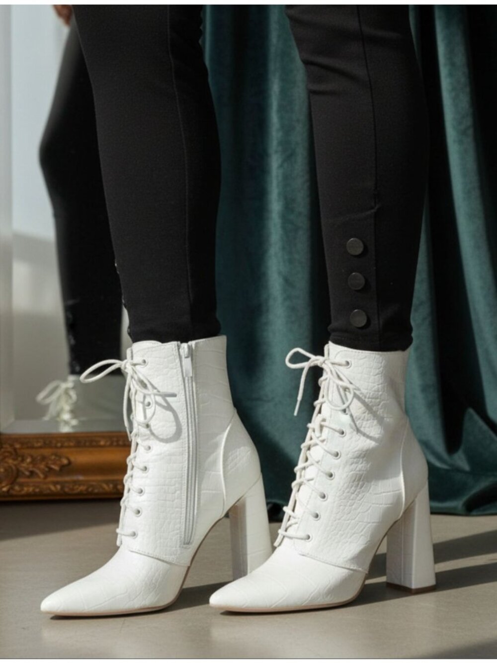 White Lace-Up Chunky Heel Ankle Boots With Croc-Embossed Texture & Side Zipper D